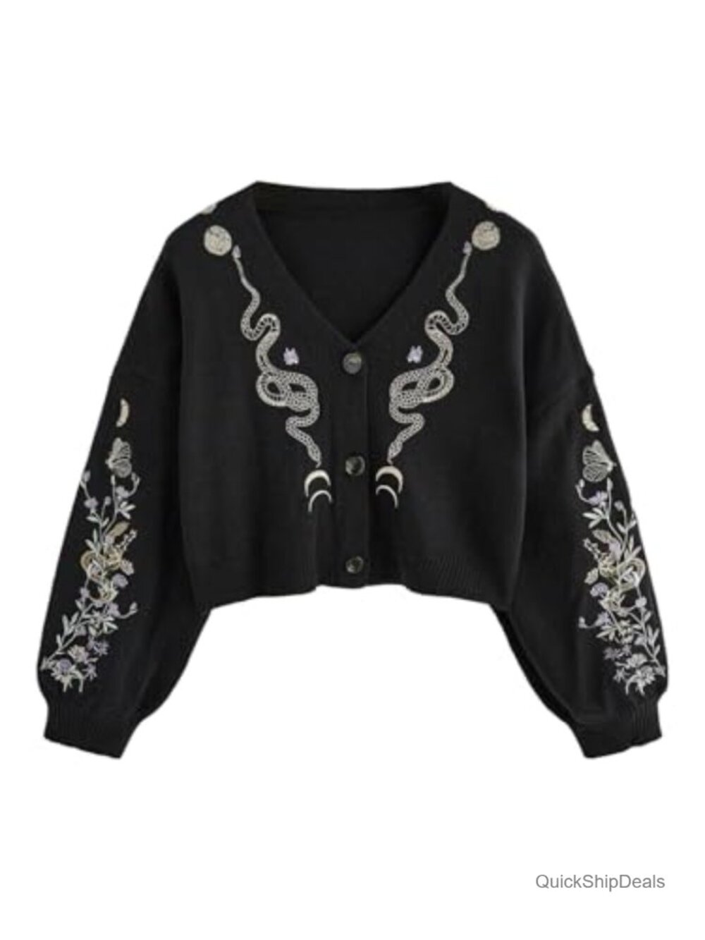 Women's Butterfly Goth Cardigan Boho Floral Cropped Knit Sweater V-Neck Button